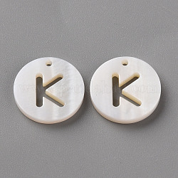 Naturali di acqua dolce pendenti shell, piatta e rotonda con la lettera, letter.k, 12x1.5mm, Foro: 1 mm
