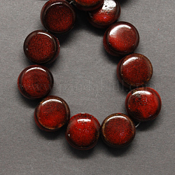Perles en porcelaine manuelles, fantaisie porcelaine émaillée antique, plat rond, rouge foncé, 12x7mm, Trou: 3mm