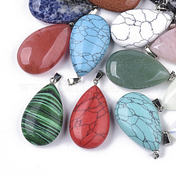 Natural & Synthetic Mixed Gemstone Pendants, with Iron Loop and Brass Snap On Bails, Teardrop, Platinum, 43.5~46.5x25x12~13mm, Hole: 3.5x7mm