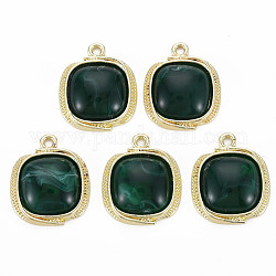 Light Gold Plated Alloy Pendants, with Resin, Cadmium Free & Nickel Free & Lead Free, Square, Dark Green, 22.5x19x6mm, Hole: 2mm