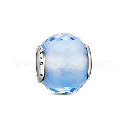 TinySand 925 Sterlingsilber, blaues Glas, geometrische Facetten, Unterlegscheibe, europäische Perlen, Licht Himmel blau, 11.1x9.9 mm, Bohrung: 4.5 mm