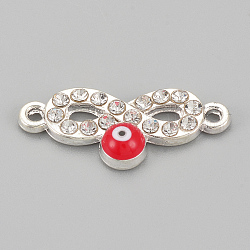 Alloy Rhinestone Links connectors, Cadmium Free & Lead Free, Infinity with Evil Eye, Red, Silver Color Plated, 22.5x9.5x2.5mm, Hole: 1mm