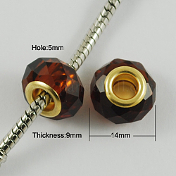 Glass European Beads, with Golden Plated Brass Double Cores, Faceted, Rondelle, Coconut Brown, 14x9mm, Hole: 5mm