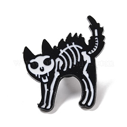 Broche en émail squelette de chat, Insigne d'alliage d'animal d'halloween pour les vêtements de sac à dos, électrophorèse noir, blanc, 31x29x2mm, pin: 1 mm