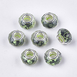 Perles européennes en alliage, Perles avec un grand trou   , avec noyaux en laiton plaqué couleur argent, facette, rondelle, motif de fleur, jaune vert, 13.5~14x9~9.5mm, Trou: 4.5mm