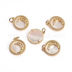 Brass Micro Pave Clear Cubic Zirconia Pendants, with Shell and Jump Rings, Flat Round with Moon, Golden, 17.5x15.5x2.5mm, Hole: 3.5mm