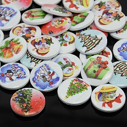 Holiday Buttons, 2-Hole Dyed Flat Round Printed Wooden Sewing Buttons for Christmas, Mixed Color, 13x4mm, Hole: 1.5mm