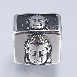 304 Stainless Steel Beads, Large Hole Beads, Cuboid with Buddha, Antique Silver, 11x12x13mm, Hole: 8.5mm