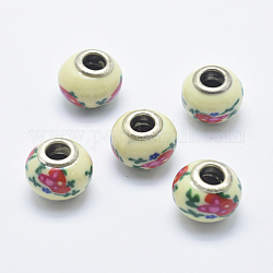 Handgemachte  europäischen Fimo-Perlen, mit versilberten Messingkernen, Großloch perlen, Unterlegscheibe mit Blumenmuster, Farbig, 13~16x8~11 mm, Bohrung: 4.5~5 mm