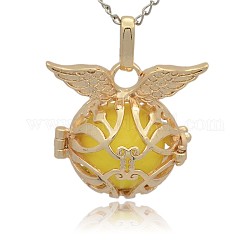 Goldene Ton Messing Käfig Anhänger, Hohlrund mit Flügel, ohne Loch lackiert Messing runden Ball Perlen, golden, 26x29x20 mm, Bohrung: 3x8 mm