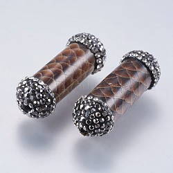 Snakeskin Leather Beads, with Polymer Clay Rhinestone, Column, Saddle Brown, 33x12mm, Hole: 1.5mm