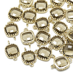 Connecteurs de liens en verre, avec les accessoires en laiton de tonalité d'or, facette, carrée, kaki foncé, 15x9x3mm, Trou: 0.5mm