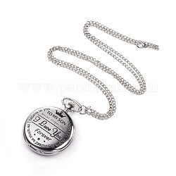 Сплав ожерелье кварцевые карманные часы, железные цепочки и карабин-лобстеры , плоские круглые со словом, платина, 31.1 дюйм (79 см)