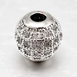 Runde Messing Micro Pave Zirkonia Perlen, Transparent, Platin Farbe, 10 mm, Bohrung: 2 mm