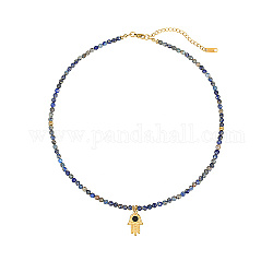 Collana con perline di lapislazzuli naturali, collane con ciondolo in acciaio inossidabile a mano di Hamsa da donna, 15.75 pollice (40 cm)