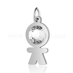 201 Stainless Steel Pendants, with Rhinestone, Boy, Crystal, Stainless Steel Color, 19x9.5x4.5mm, Hole: 3mm
