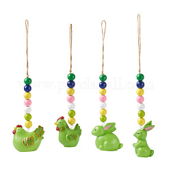 Crafans 4pcs 4 style pâques thème en plastique poule et lapin pendentif décorations, avec corde de chanvre & perles en bois, verte, 240~282mm, 1pc / style
