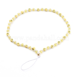Sangles mobiles en perles de visage souriant en pâte polymère, avec des perles acryliques et des perles d'imitation en plastique, jaune, 25.5 cm