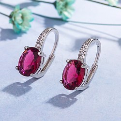 Brass Hoop Earrings, with Cubic Zirconia, Oval, Red, Platinum