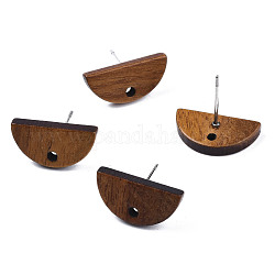 Accessoires de boucles d'oreilles en bois de noyer, avec trou et 304 goupille en acier inoxydable, demi-rond, Pérou, 8x16mm, Trou: 1.6mm, pin: 0.7 mm