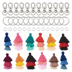 DIY Keychain Making, with Tri-color Cotton Thread Tassel Pendant Decorations, Alloy Swivel Lobster Claw Clasps, Iron Split Key Rings & Jump Rings, Mixed Color, Tassel Pendant: 55x20x6mm, 24pcs/set
