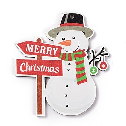 Рождественские деревянные большие подвески, Снеговик со словом счастливого Рождества, красочный, 90x80x3.5 мм, отверстие : 3 мм