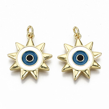 Brass Pendants, with Jump Rings and Colorful Enamel, Nickel Free, Sun with Evil Eye, Real 16K Gold Plated, 20.5x18.5x2mm, Jump Ring: 5x1mm, 3mm inner diameter