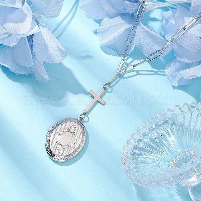 Ожерелья с подвесками из латуни в форме креста и овального медальона NJEW-JN04960-1