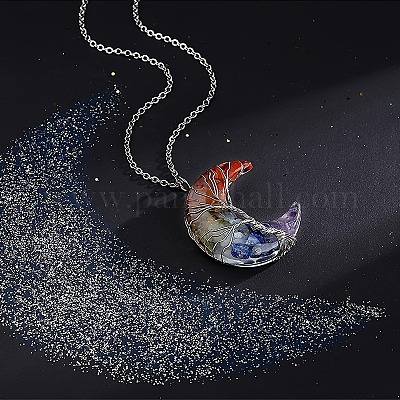 Смола с драгоценным камнем внутри луна с деревом жизни медная проволока обернутая чакра кулон ожерелье WGC6175-01-1