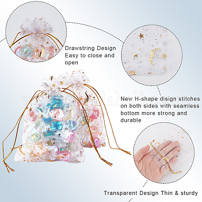 50 шт. подарочные мешочки для хранения из органзы с завязками и золотым тиснением в виде луны и звезд&nbsp;OP-BBC0001-03A-01-1