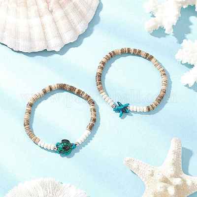 Браслеты из кокосовых бусин с морскими черепахами и морскими звездами BJEW-JB11882-1