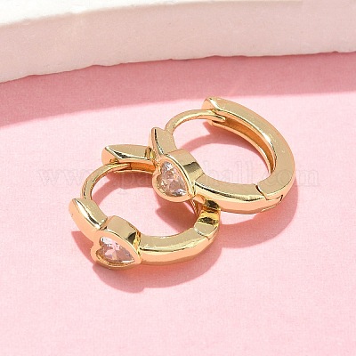 Серьги-кольца из латуни с микропаве и прозрачным кубическим цирконием в форме сердца&nbsp;LS-EJEW-Z102-28G-1