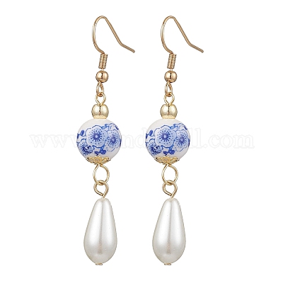 Круглые с цветочным узором фарфоровые керамические серьги-подвески EJEW-JE06347-01-1