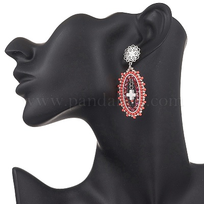 Серьги-гвоздики с овальным крестом из стеклянного бисера EJEW-MZ00595-01-1