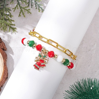 2 шт. 2 стильных браслета с подвесками из сплава и эмали в рождественском стиле и наборы железных браслетов-цепочек со скрепками BJEW-JB12443-01-1