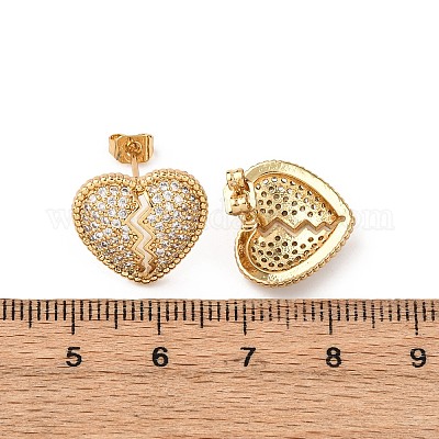 Серьги-гвоздики с разбитым сердцем из латуни с микропаве из кубических цирконий EJEW-B153-19G-03-1