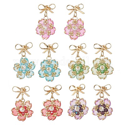 Серьги-гвоздики с подвесками из стеклянных бусин ручной работы в виде цветка EJEW-MZ00471-1