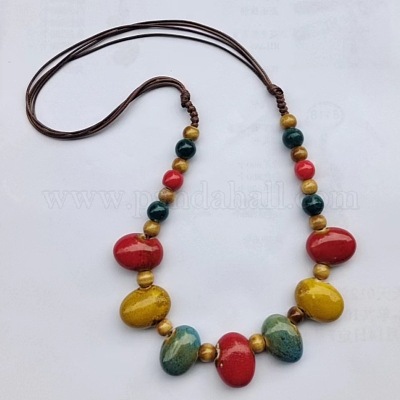 Овальные фарфоровые бусины в этническом стиле с нагрудником и шнуром из искусственной кожи FS-WGD6870-02-1