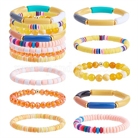 Set di 8 braccialetti elastici con perline di vetro e diaspro imperiale sintetico in 6 stili BJEW-SW00086-02-1