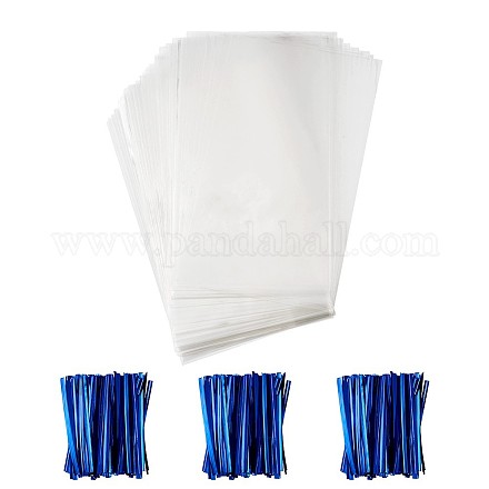 セロハンのOPP袋  プラスチックと鉄の芯線ツイストタイ付き  長方形  ブルー  25x15cm  100個/セット AJEW-TA0016-13C-1
