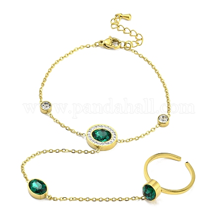 Rhinestone Flat Round Link Chains Bracelet with Glass Oval Open Cuff Ring BJEW-H324-05G-1
