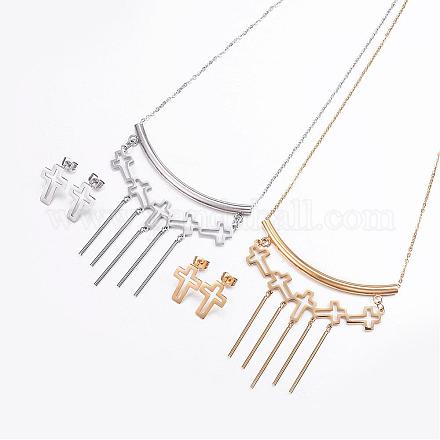 304 Stainless Steel Pendant Necklaces and Stud Earrings Jewelry Sets SJEW-L182-02-1
