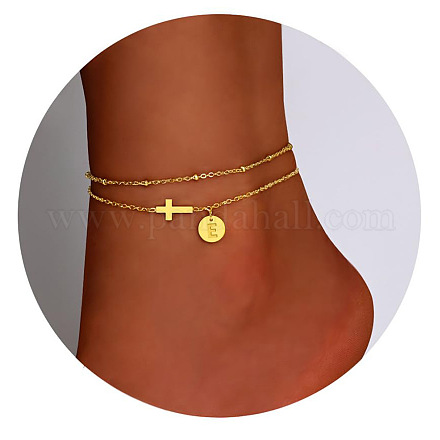 Браслеты на ногу из латуни с боковыми поперечными связями и плоскими круглыми начальными подвесками FS-WG12DAA-05-1