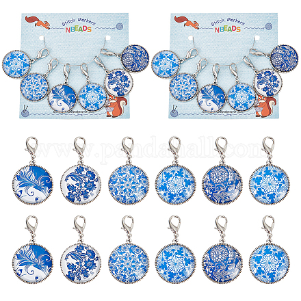 NBEADS 24 Pcs Glass Flat Round with Blue and White Porcelain Pattern Stitch Markers HJEW-PH01782-1