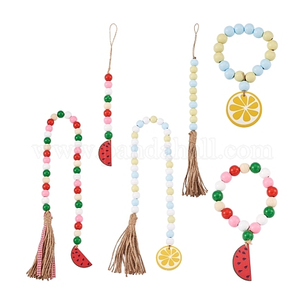 Crafans 6pcs 6 style bois & décoration pendentif perlé à franges HJEW-CF0001-15-1
