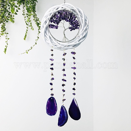 Rattan & Natural Amethyst Chips Flat Round with Tree of Life Pendant Decorations. Wind Chime TREE-PW0003-13A-1