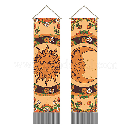 Ahandmaker 黄色の太陽と月のタペストリー 2 個  ヒッピーボヘミアン縦長タペストリー壁掛け  オレンジの花柄タペストリー クールなヴィンテージの美的壁タペストリー 寝室 リビングルーム 寮用 (51x13インチ) AJEW-WH0399-016-1