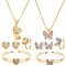 Butterfly Heart Rhinestone Jewelry Set, 2Pcs Alloy Pendant Necklace & 2 Pairs Stud Earring & 2Pcs Cuff Bangle & 2Pcs Adjustable Ring, Mixed Shapes, 430~450mm, 12x12mm, Inner Diameter: 12mm, Inner Diameter: 51mm 
