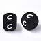 Food Grade Eco-Friendly Silicone Beads, Horizontal Hole, Cube, Black, Letter.C, 12x12x12mm, Hole: 2mm