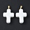 Handmade Lampwork with Brass Pendants, Cross, White, 29.5x19.5x7.5mm, Hole: 3.5x4.5mm